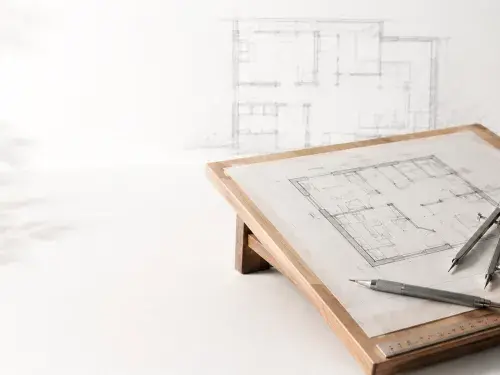 Drafting board with floor plan, compass, pencil, scale, and soft architectural sketch.