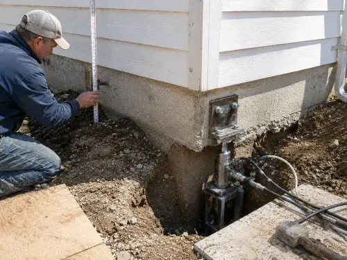 Contractor measuring elevation beside a hydraulic foundation lifting point.