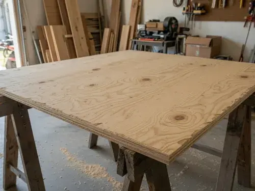 Full 4×8 plywood sheet resting on sawhorses inside a workshop.