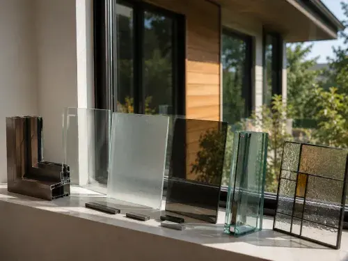 Glass samples and window frame options arranged beside a modern residential window.