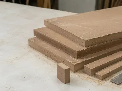 HDF board samples with smooth faces and dense brown fiber edges.