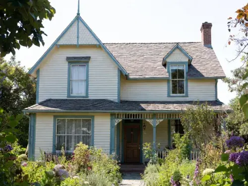 Late Victorian wood-frame house with a steep front gable, decorative trim, covered porch, and an established cottage garden.