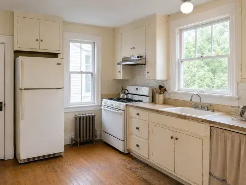 Dated 1910s-house kitchen with worn painted cabinets, wood floors, sash windows, and a cast-iron radiator.
