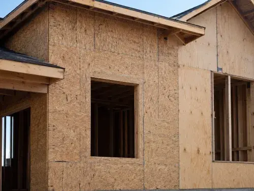 OSB and plywood exterior wall sheathing panels installed around window openings.