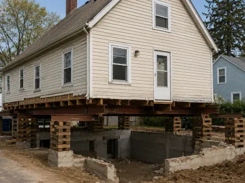 House raised on steel beams and timber cribbing during foundation work.