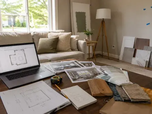 Living room design planning scene with laptop floor plan, samples, swatches, and sketches.