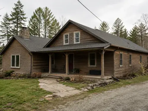 Rustic wood house with porch, stone base, gravel drive, and simple rooflines.