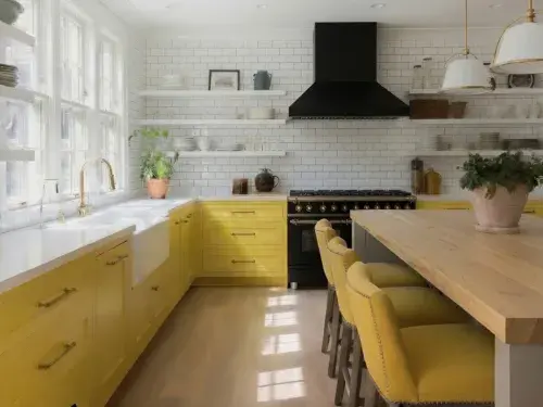 Yellow lower cabinets with white tile, a black range hood and a natural wood island.