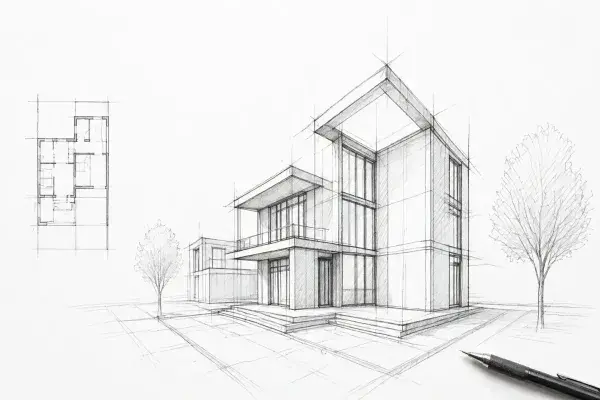 Sketch-style representing basic techniques and principles of architectural drawing. 