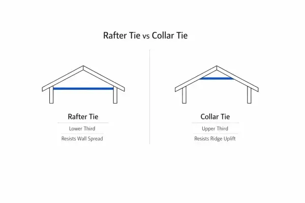 Highly detailed diagram illustrating rafter ties, showing their placement and structural role in roof framing.