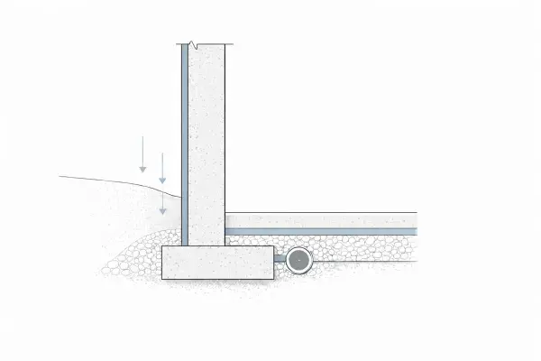 Cross-section line drawing of a waterproofed foundation with drainage and vapor barrier