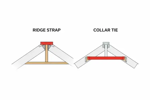 Illustration showing a gable roof structure with collar ties, ridge strap, and wind uplift and snow load forces.