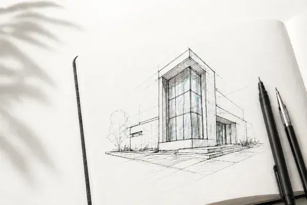 Architectural sketching tools, compass, and hand-drawn building sketches.