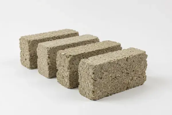 Three rectangular hempcrete blocks stacked staggered.
