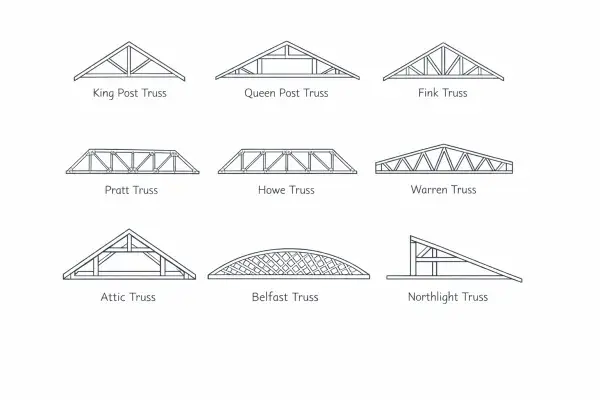 Common truss designs used in construction, showing different structural layouts for roof and bridge support.