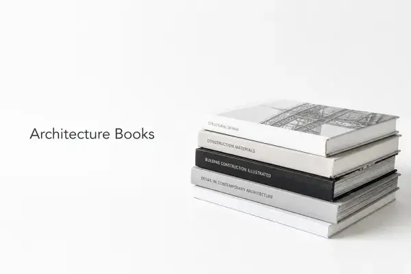 Stack of architecture books, one featuring a modernist house sketch on the cover.