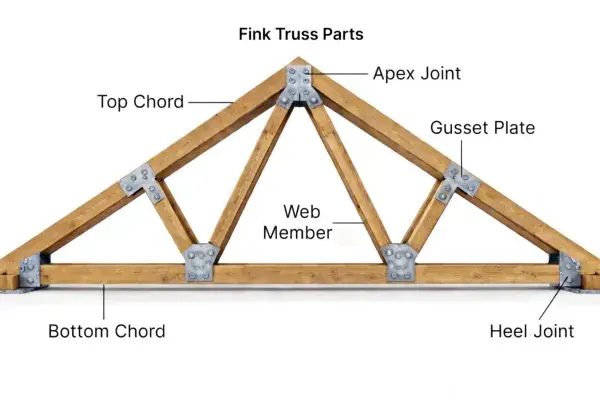 Labeled Fink truss diagram showing top chord, bottom chord, web members, and plate.