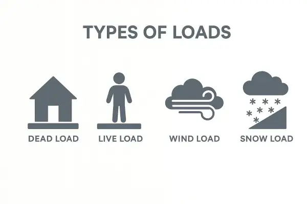 Infographic with labeled structural loads like dead, live, wind, and seismic.