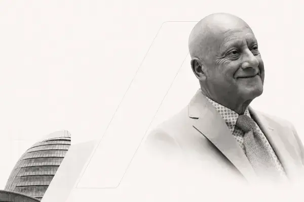 Digital tribute to Norman Foster showing abstracted geometry from his famous glass-and-steel designs.