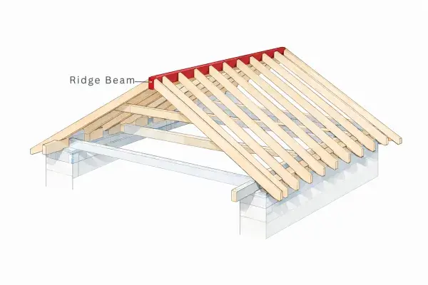 Architectural diagram showing ridge beam in roof framing with support details.