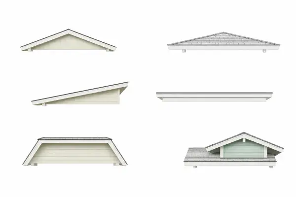 Diagram showing different residential roof types: gabled, gambrel, crowstepped, shed, pent, mansard, and flat roof.