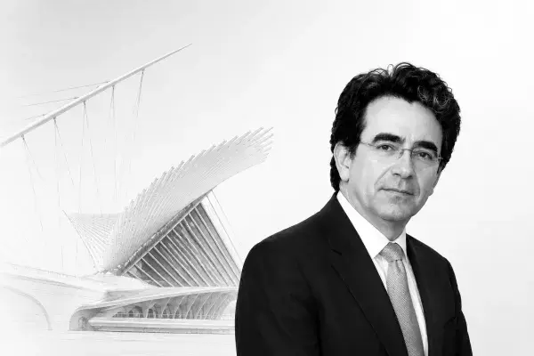 Santiago Calatrava with dynamic building design in background.