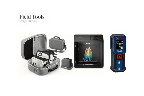 Essential gadgets and tools for architects on a desk.