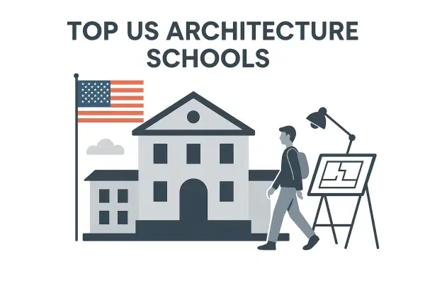 Illustration of a US architecture school with student, drafting board, and American flag.