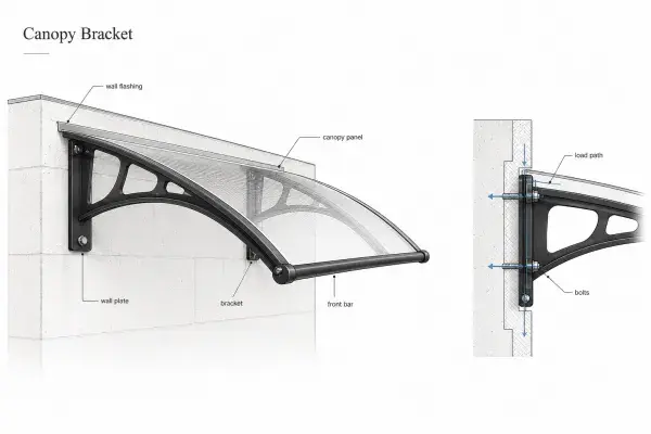 Infographic on window canopy design with construction tips and common mistakes.