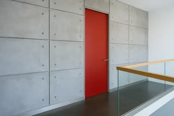Modern loft interior with bold red door in concrete wall and glass railing.