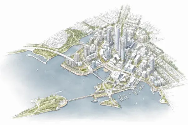 A professional architectural city model with skyscrapers, river, and detailed urban planning elements.