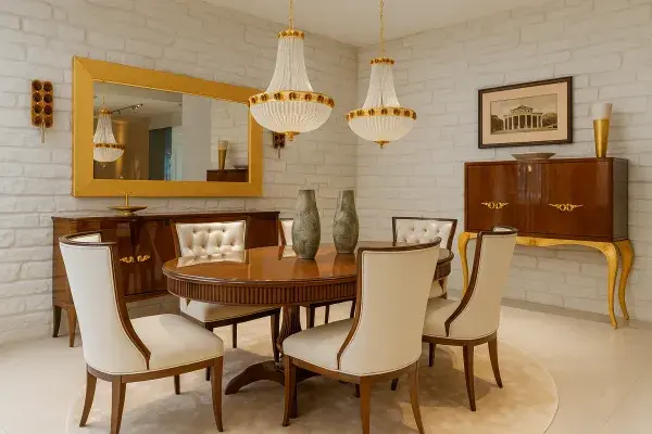 A dining room with stone accent wall, gold chandeliers, and cream upholstered chairs.