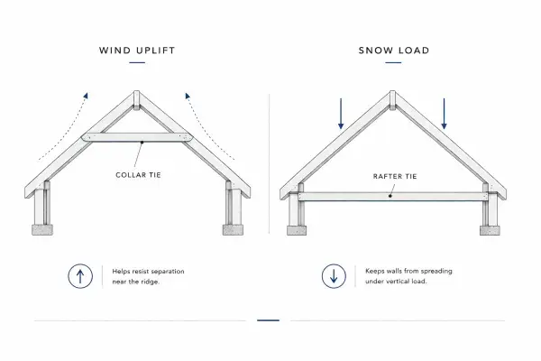 Technical drawing showing rafter and collar tie placement per IRC, with labeled load path and wall plate.