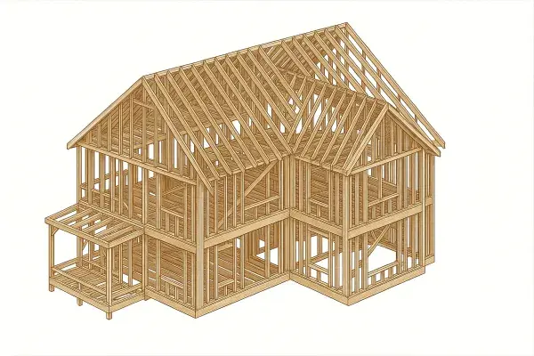 Two-story wood-framed house showing structural framing members, accurate joinery, and full load path alignment.