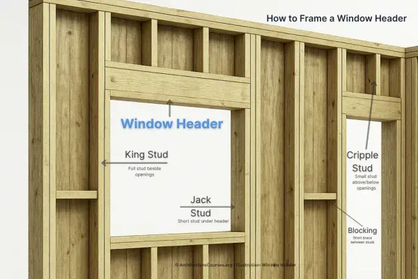 Infographic showing step-by-step window header framing with king studs, jack studs, and load path alignment.