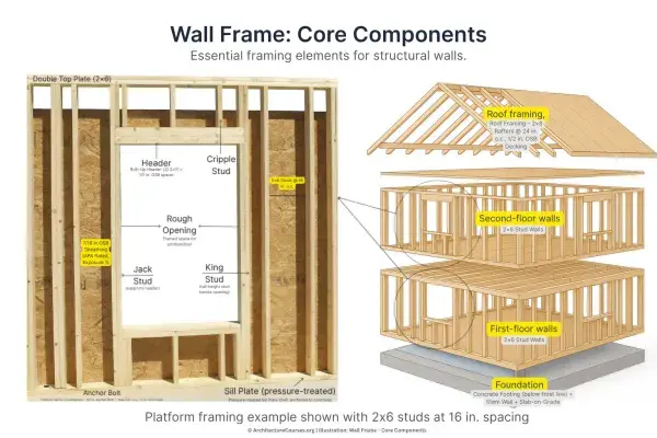 Infographic showing visual breakdown of a standard wood wall frame with labeled studs, plates, and sheathing.