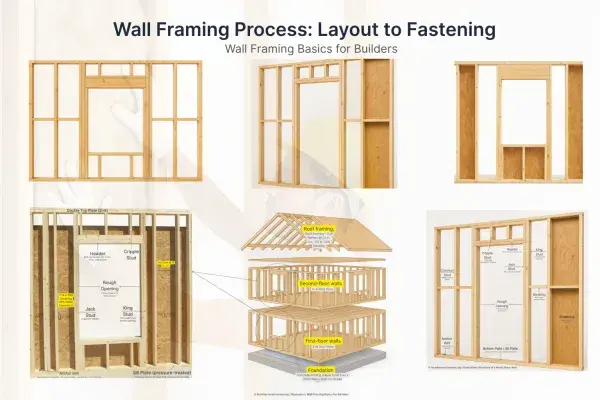 Infographic showing wall framing steps from layout to fastening.