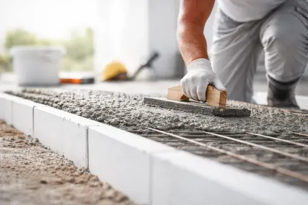 Worker smoothing fresh concrete on a residential foundation during professional repair work.