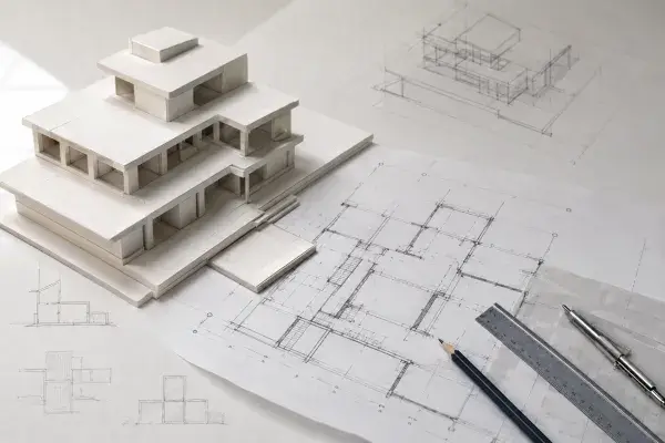 Foam-core architectural massing model on building plans with drafting tools, design fundamentals
