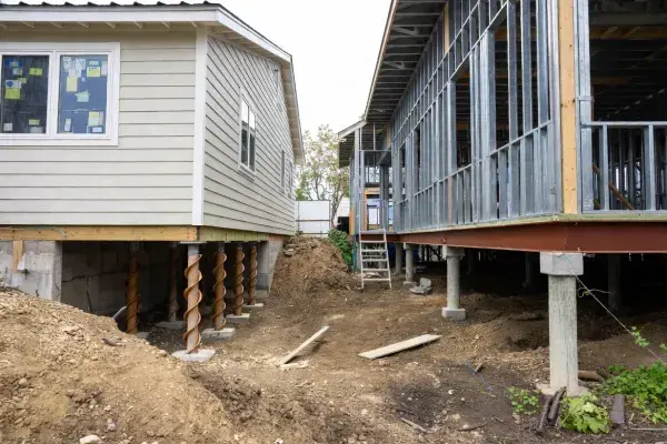Raised houses supported by helical piles and piers on an active construction site.