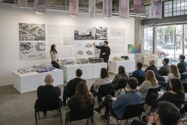 Architecture students presenting thesis boards and models to a seated review audience in studio.
