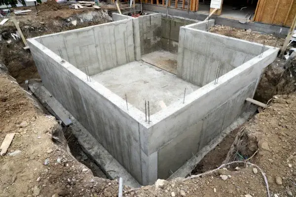 Basement foundation under construction with poured concrete walls and open excavation.