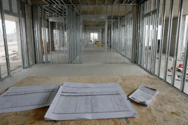 Construction planning sheets on a site table inside an unfinished building, illustrating cost planning and budget control.