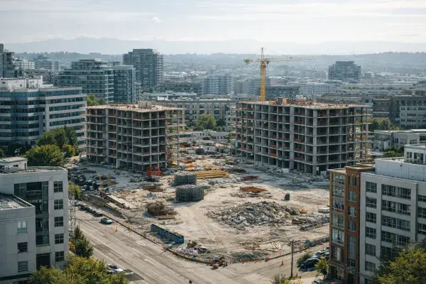 Urban jobsite overview showing concrete structures, site staging, and debris piles.