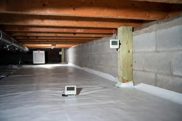 Crawl space hygrometers and humidity monitors placed inside a sealed crawl space.