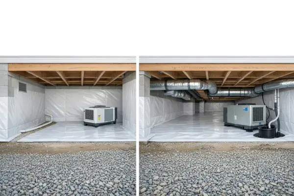 Sealed crawl spaces showing smaller and larger dehumidifier sizing conditions side by side.