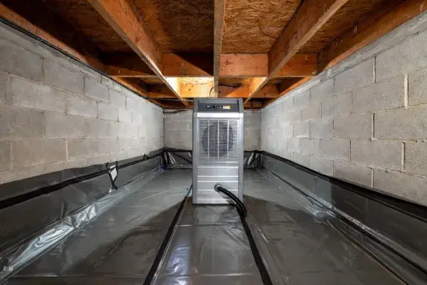 Crawl space dehumidifier installed in an encapsulated crawl space with sealed liner and drain hose.