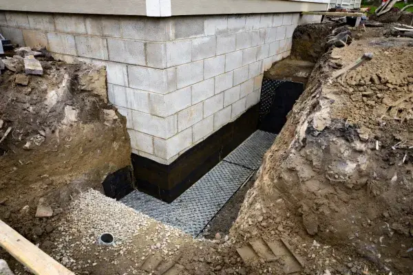 Exterior foundation waterproofing trench with drainage board, gravel, and coated wall.