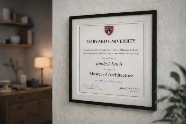 Framed Master of Architecture degree on wall in modern studio-style room.