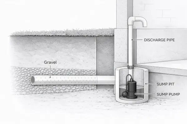 French drain connected to a sump pump pit showing gravel bed, perforated drain pipe, and discharge pipe.